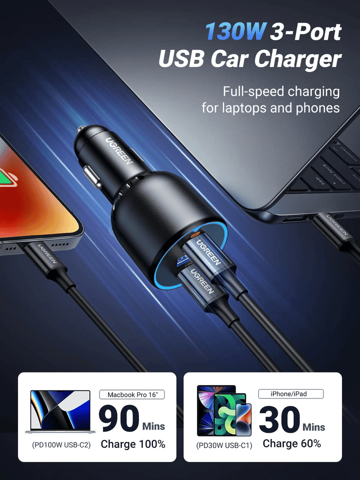 UGREEN 130W 3-Port PD 100W PD3.0/QC4.0/PPS Fast Car Charger - UGREEN