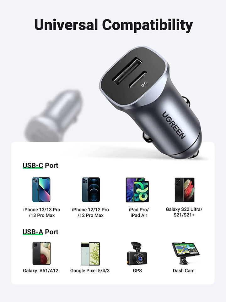 Ugreen 24W USB C Car Charger with PD & QC 3.0 Dual Ports - UGREEN