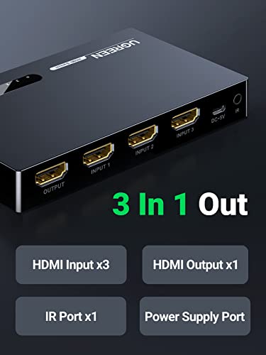 UGREEN Switch HDMI 4K Commutateur HDMI 3 Entrées 1 Sortie avec Télécommande  IR Sélecteur HDMI Splitter HDCP 3D Compatible avec PS3 PS4 Nintendo switch  TV stick TV Box Blu-ray DVD Décodeur 
