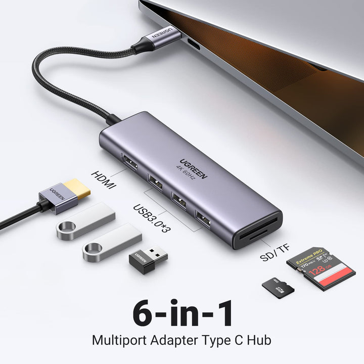 UGREEN 6-in-1 USB Hub, USB C to 4K HDMI, 3 USB 3.0, SD/TF, for PC