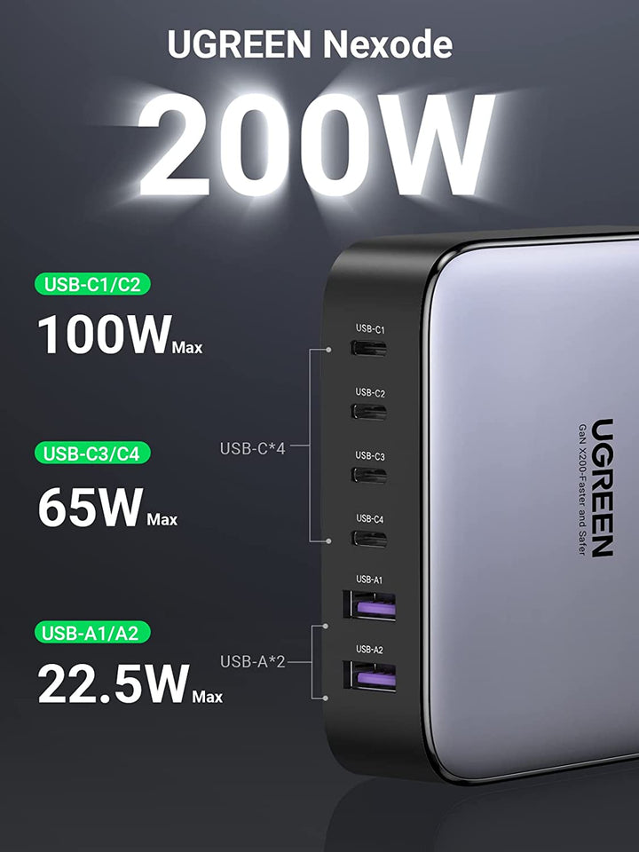 Ugreen Nexode 200W USB C GaN Charger-6 Ports Desktop Charger & 2 Pack USB C 100W Charger Cable - UGREEN