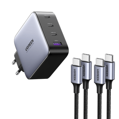 Chargeur Ugreen Nexode 4 ports USB C GaN 100 W et lot de 2 câbles de chargeur USB C 65 W 