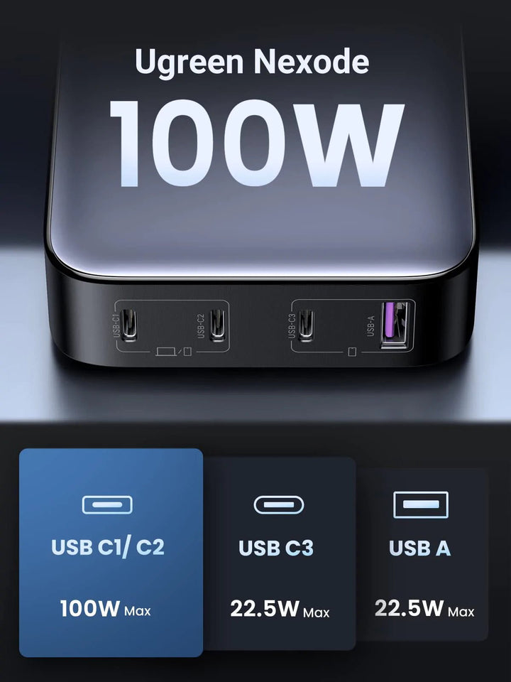 Chargeur pour téléphone mobile Ugreen - Adaptateur secteur - 100 Watt - 5 A  - PD 3.0, QC 4+ - 4 connecteurs de sortie (USB, 3 x USB-C) - Europe