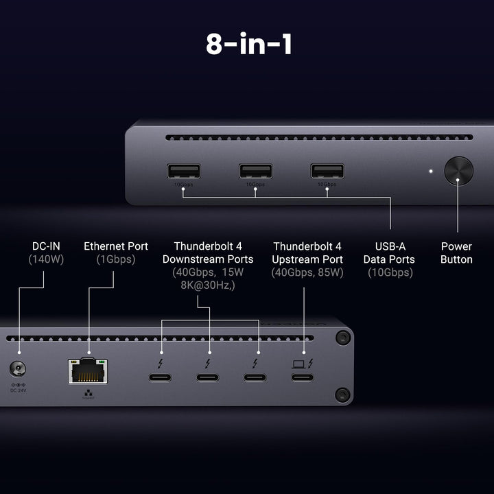 UGREEN Revodok Max 208 Thunderbolt 4 Dock 40Gbps 8-in-1 Docking Station 3*Thunderbolt 4 (Dual 4K@60Hz, Single 8K Display), 85W Aufladen für Laptop, Gigabit Ethernet - UGREEN