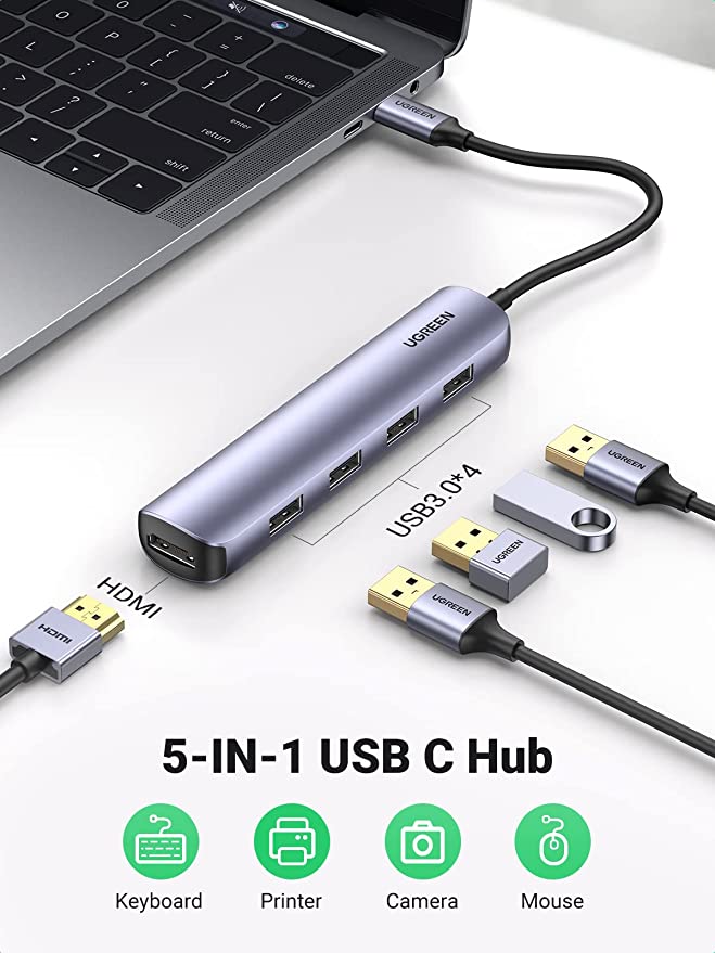 UGREEN USB C 5 in 1 Multiport Hub HDMI Ultra Slim with 4 USB 3.0 Ports for Data Transfer - UGREEN