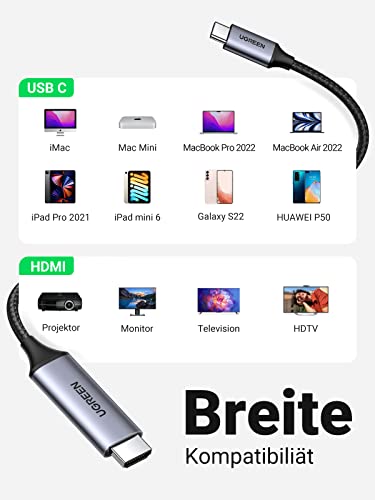 UGREEN USB C auf HDMI Kabel 4K 60Hz 2m Thunderbolt 3/USB C 3.1 HDMI Kabel UHD Geflochten-Aluminium - UGREEN