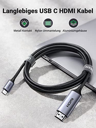UGREEN USB C auf HDMI Kabel 4K 60Hz 2m Thunderbolt 3/USB C 3.1 HDMI Kabel UHD Geflochten-Aluminium - UGREEN