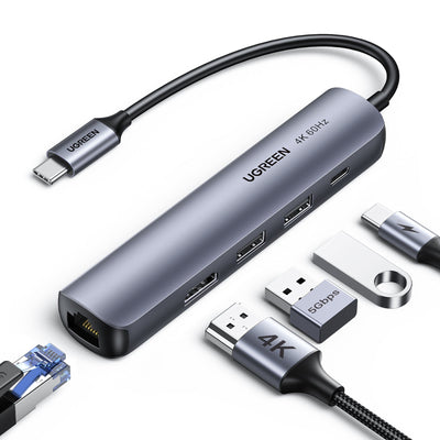 Hub USB C UGREEN 60 Hz, adaptateur Gigabit USB C vers Ethernet 5-en-1 avec HDMI 4K 