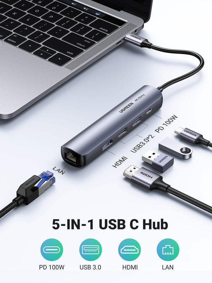 UGREEN USB C Hub 60Hz, 5-in-1 Gigabit USB C to Ethernet Adapter with 4K HDMI - UGREEN