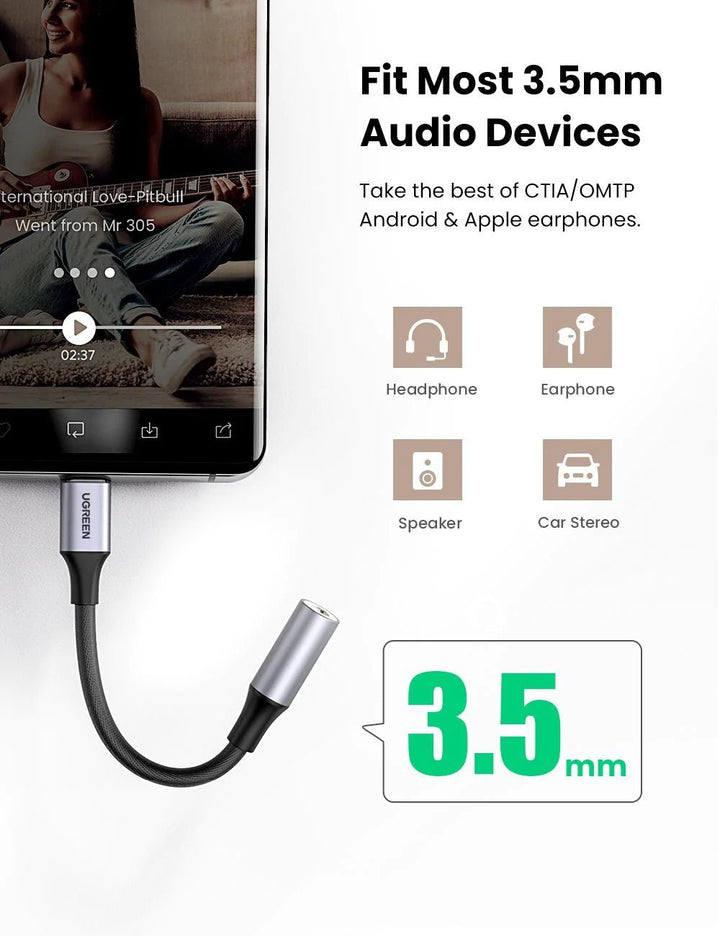 UGREEN Adaptador de audio USB C a 0.138 in tipo C a auriculares Aux Jack  Dongle de 24 bits/96 kHz HiFi DAC cable trenzado compatible con iPad Pro  Air