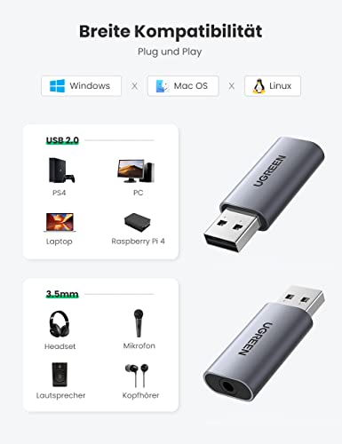 UGREEN USB External Sound Card 2 in 1 USB to 3.5 mm Female Jack Audio Adapter USB to Jack for Windows, Mac, Linux - UGREEN