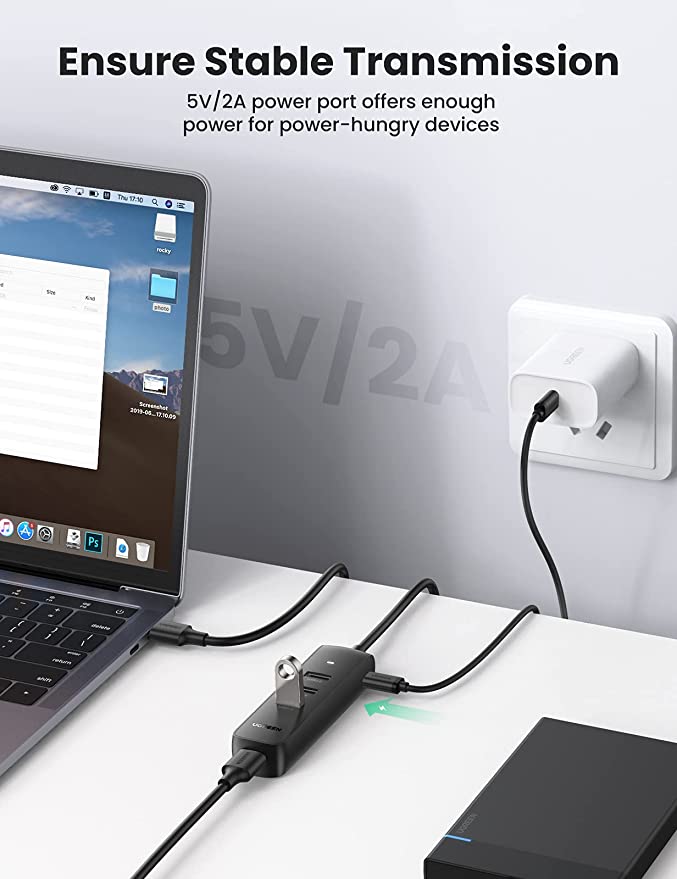 Hub USB alimentado, Rosonway 4 puertos USB 3.1/3.2 Gen 2 Hub 10Gbps con  cable de datos de 3.3 pies, adaptador de corriente de 5V/2A e interruptores
